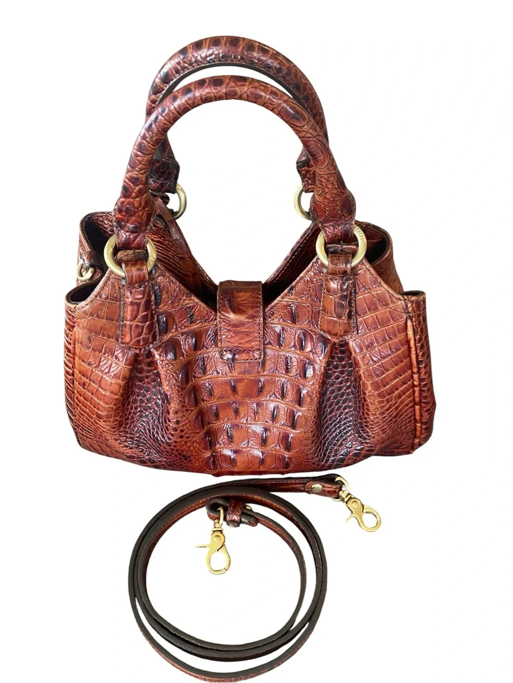 Brahmin Elisa Pecan Croc Embossed Melbourne Leather Handbag with Crossbody Strap - Picture 2 of 11